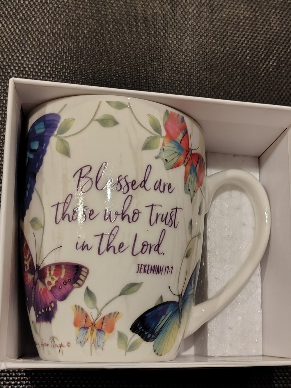 Christian Butterfly Ceramic Mug in White with Multicolor Accents NEW